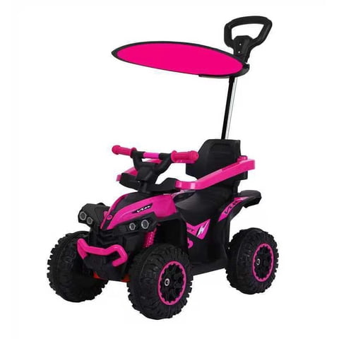 Abmtoys - Auto A Batería Y Carro Empuje Con Toldo Y Barra Direccional Rosado