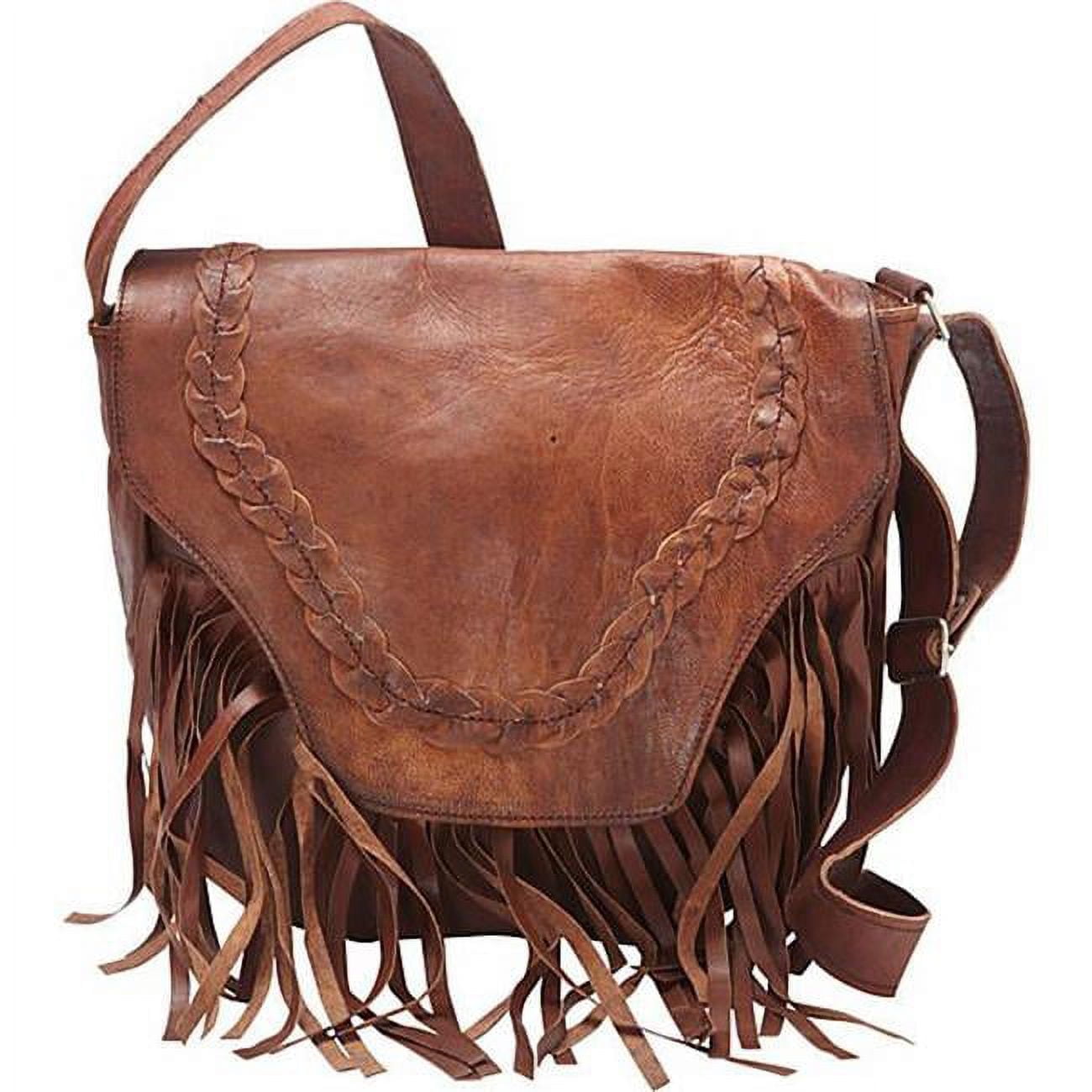 Cartera Crossbody Sharo Western Con Flecos Cuero Marrón Oscuro