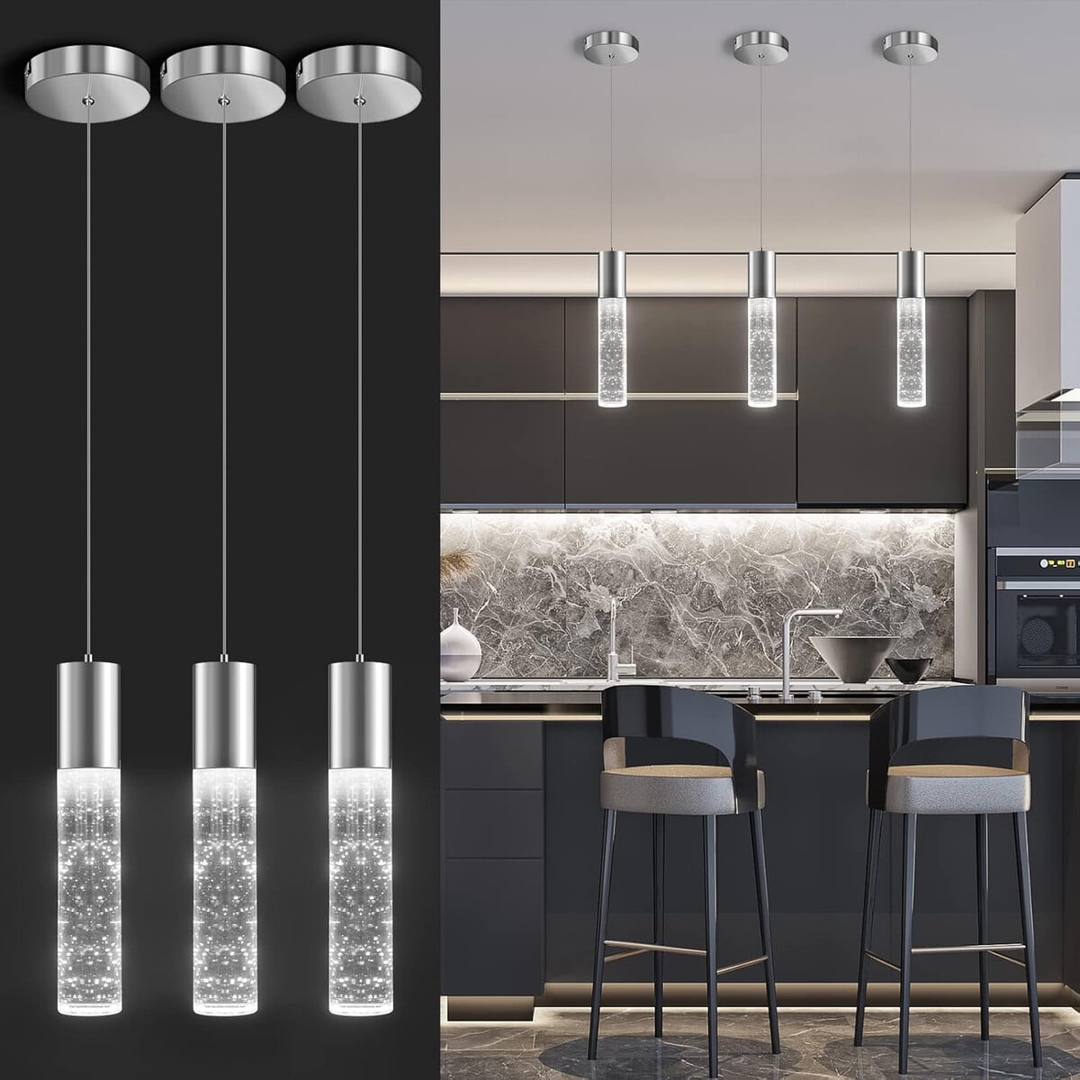 Okeli - Lampara Colgante Led 3 Luces Cristal Regulable Cromo
