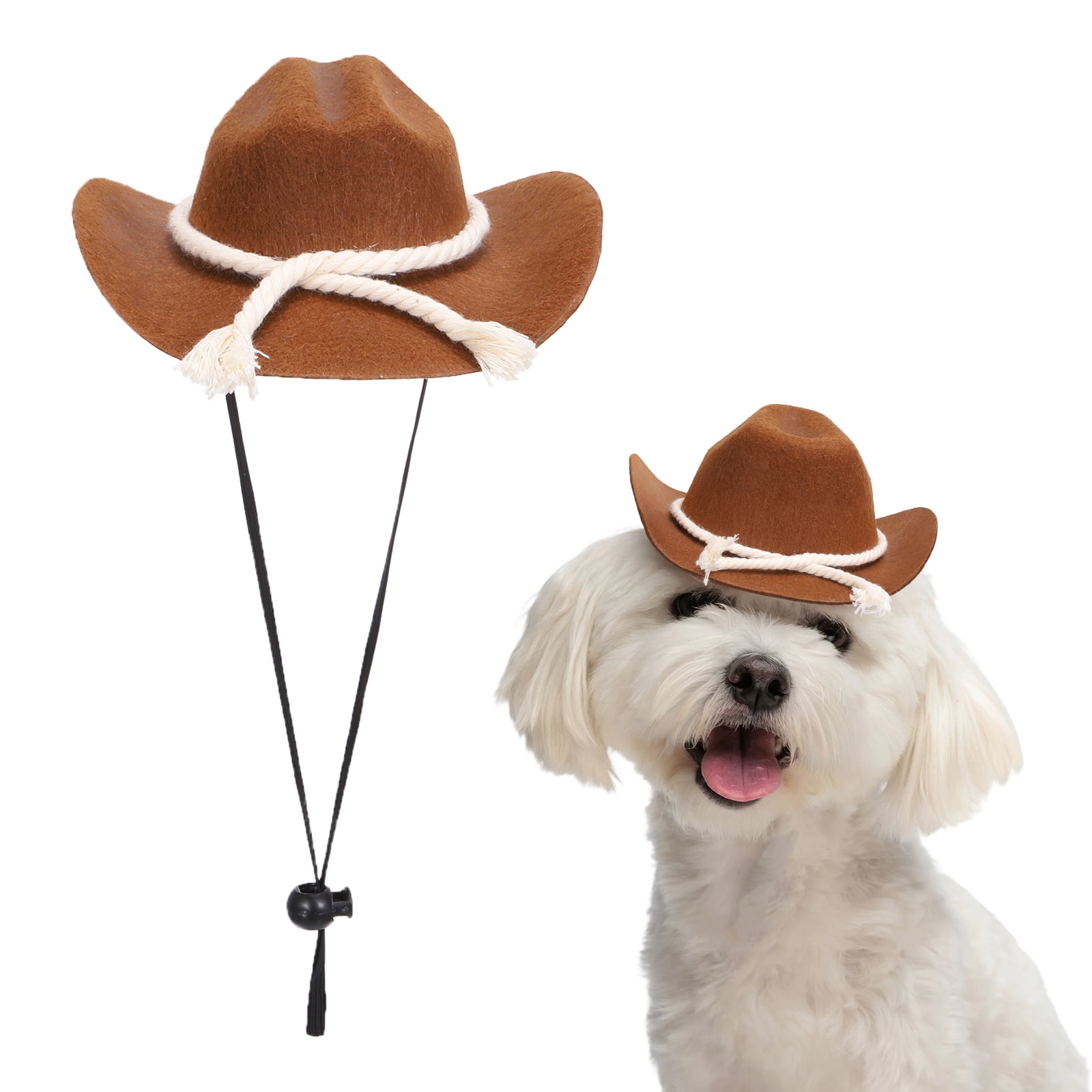 Sombrero de Vaquero para Perro Uxcell, Mini Sombrero de Vaquero para Mascota con Correa de Barbilla Ajustable, Gorra de Cosplay con Decoración de Cuerda de Algodón, (Marrón, M), Para Perros y Gatos