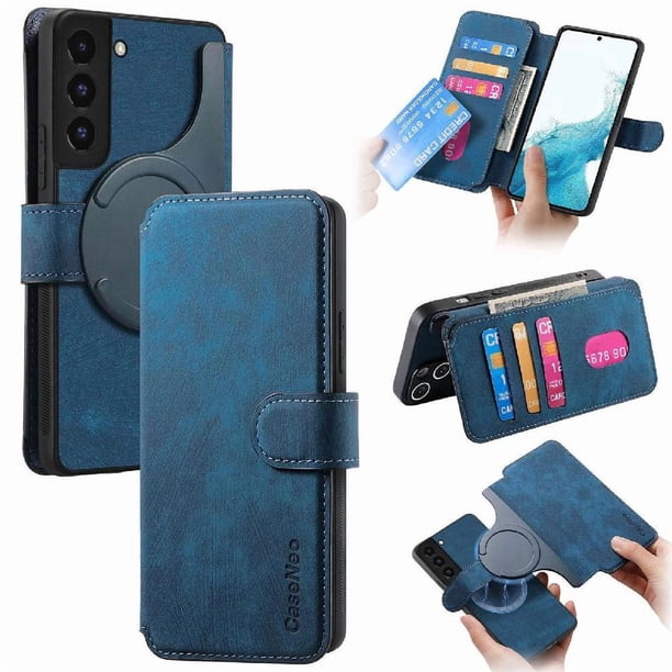Funda Billetera Magnética para Samsung Galaxy S22 Soporte Tarjetas Desmontable Azul