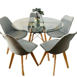 Klik Muebles - Comedor Mesa Eames Vidrio 100 Cm + 5 Sillas Tulip Grises