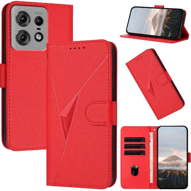 Funda Cartera Fibra de Carbono para Motorola Edge 50 Pro con Soporte y Cierre Magnético Rojo