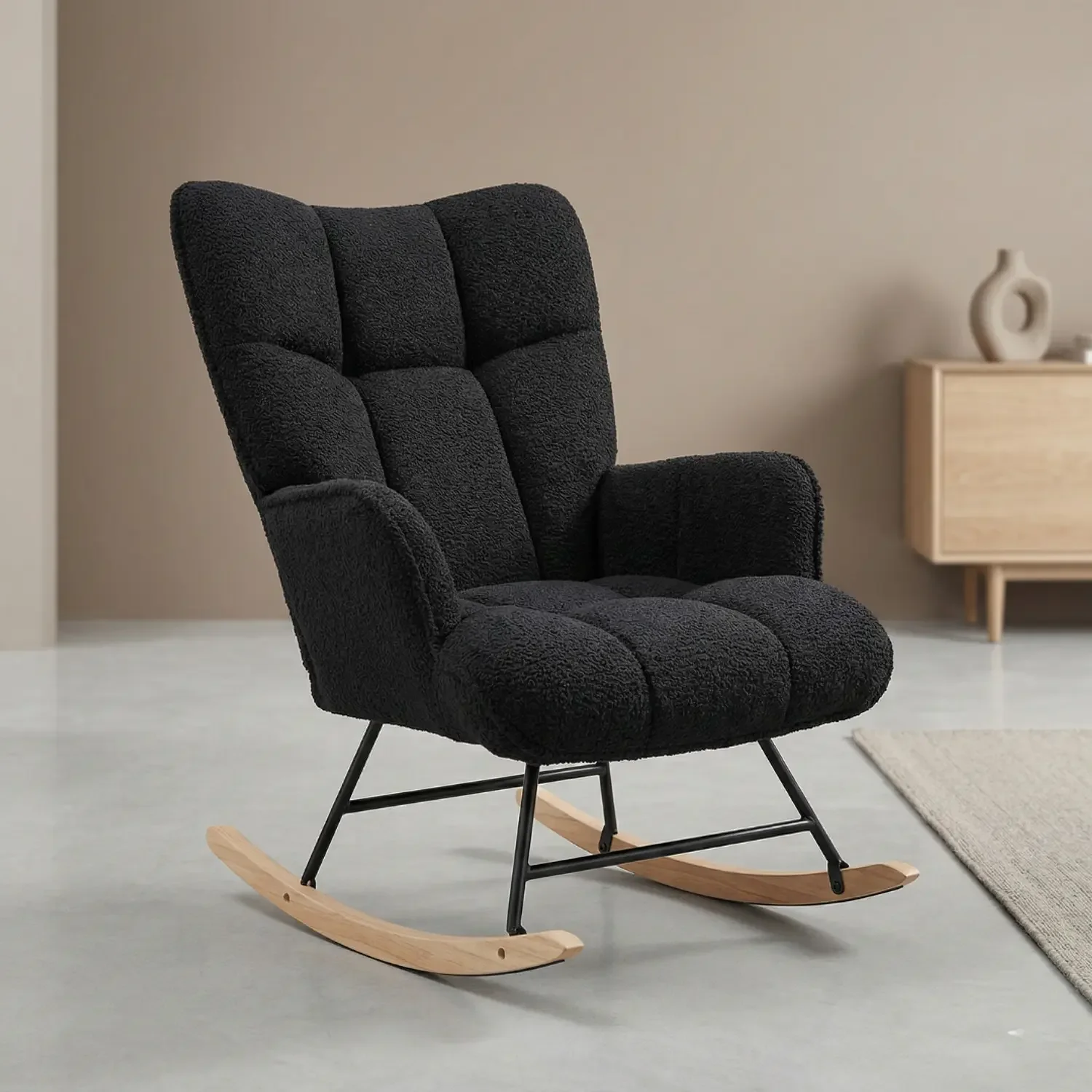 Genérico - Silla Mecedora Moderna En Tela Bouclé Negra Patas De Madera