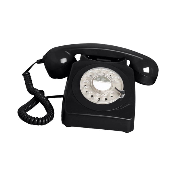 Teléfono de disco giratorio de estilo vintage, teléfono con cable europeo, estilo años 60, con campana de metal, estilo retro. Negro