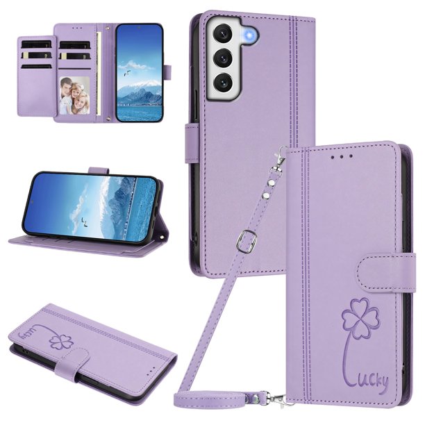 Funda Cartera Trébol para Samsung Galaxy S22 5G con Ranuras Tarjetas y Carga Inalámbrica Morado claro