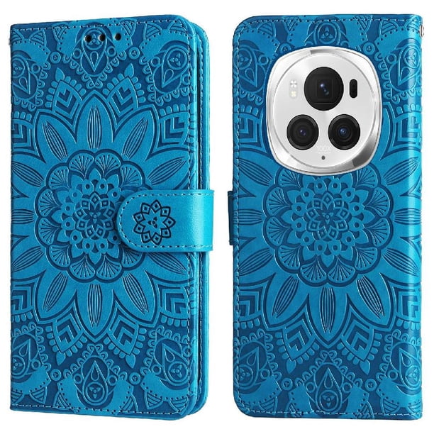 Funda tipo cartera FOXDOCK para Honor Magic 6 Pro , diseño girasol en relieve, cuero PU, cierre magnético, soporte y tarjetero