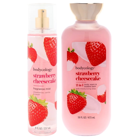 Kit Bodycology Cheesecake de Fresa 473ml Gel de Ducha y Baño de Burbujas 2 en 1 + 237ml Spray Fragancia Mujer