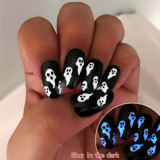24pcs Glossy Medium Oval Fake Nails, Black Press On Nails With Luminous White Ghost Design, Funny False Nails For Women Girls Halloween Nail Decoration