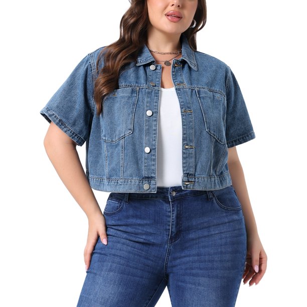 Agnes Orinda Chaqueta de Mezclilla Recortada para Mujer de Talla Grande para Escuela o Universidad, Clásica con Solapa, Manga Corta, Abotonada, Lavada, Casual con Bolsillo 3X Gris Azul