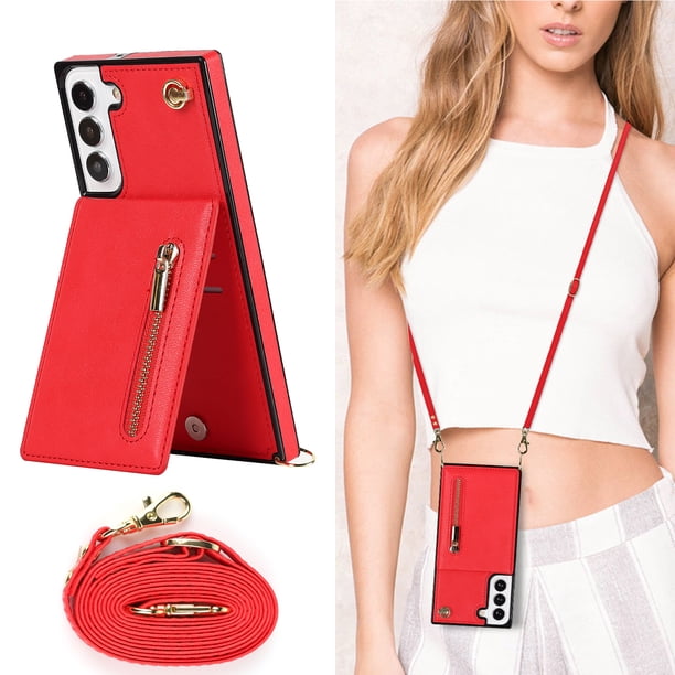 Crossbody Wallet Case Case For Samsung Galaxy S23 S22 Plus Note 20 Ultra With Card Slot Holder, Magnetic Flip Folio Purse Case, PU Leather Zipper Handbag With Detachable Lanyard Strap