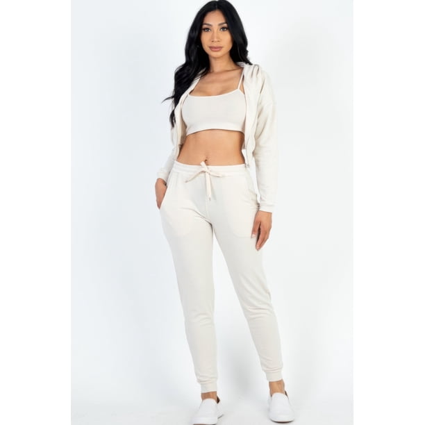 Conjunto De Camisola Corta De Felpa Francesa Con Chaqueta Con Cremallera Y Joggers