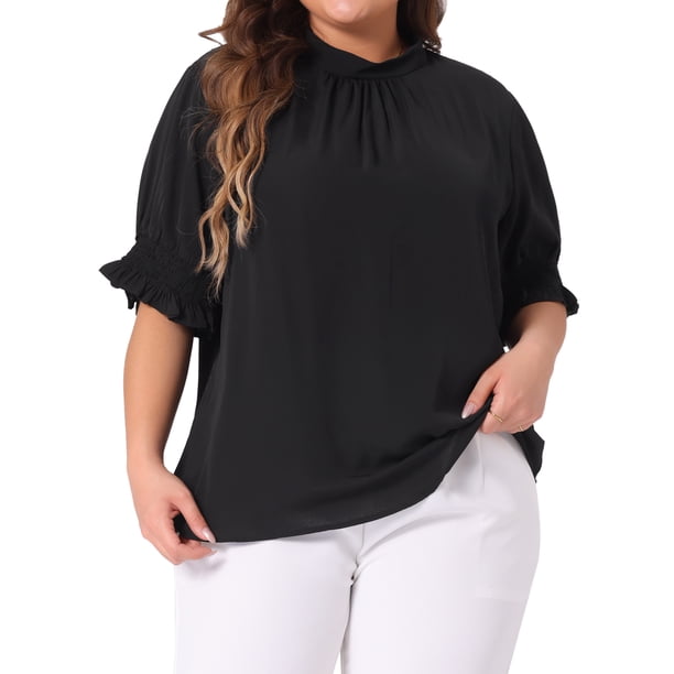 Agnes Orinda Blusa de Mujer Talla Grande para Escuela Colegio Oficina Trabajo con Pliegues Sólidos de Manga Corta Cuello Simulado Mangas Abullonadas 3X Negro
