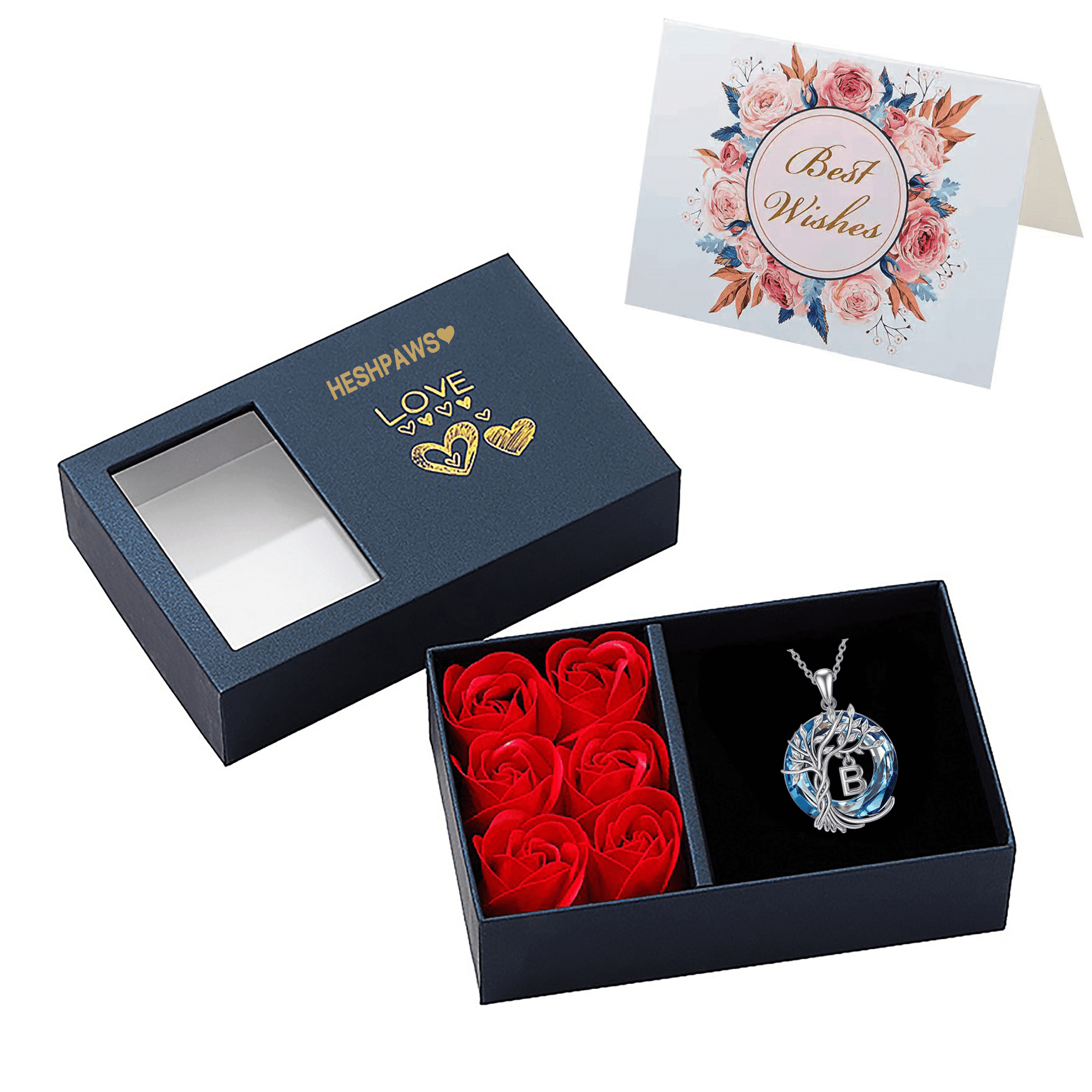 Set De Regalo Collar Heshpaws Tree Of Life Con Inicial A-z Y Rosa Eterna