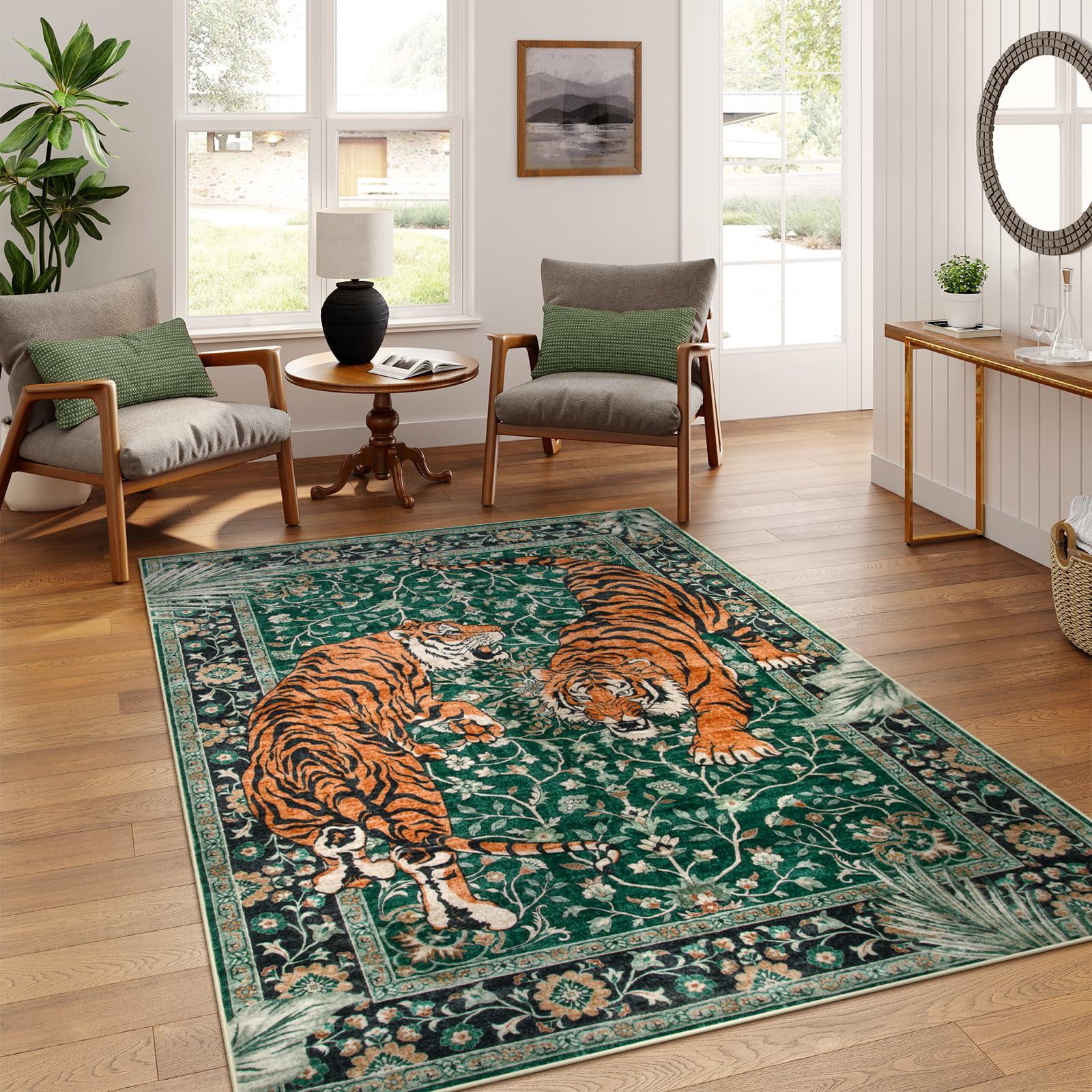 Alfombra Moynesa Tiger, 160 X 230 Cm, Estilo Bohemio, Lavable, Verde
