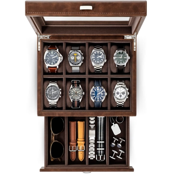 Caja de reloj TAWBURY de 8 ranuras con cajón para hombre de piel sintética