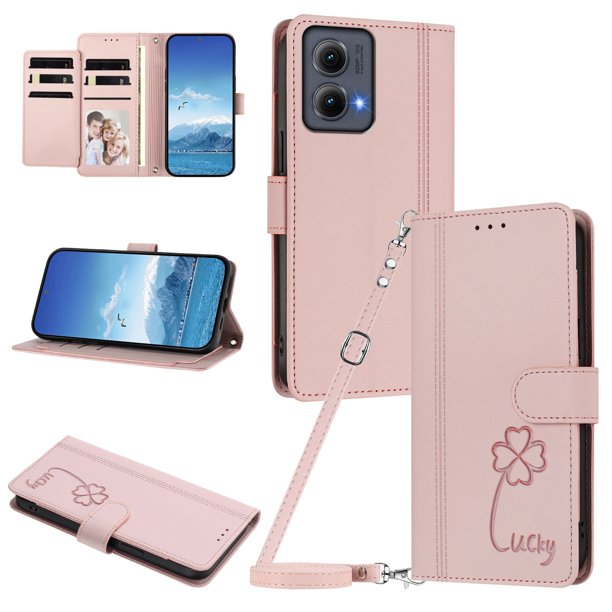 Funda Cartera Trébol para Motorola Edge 2024 5G con Ranuras Tarjetas y Carga Inalámbrica Rosa