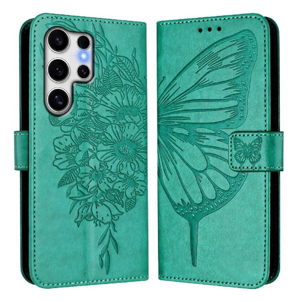 Funda cartera mariposa para Samsung Galaxy S25 Ultra con soporte y ranuras para tarjetas Verde