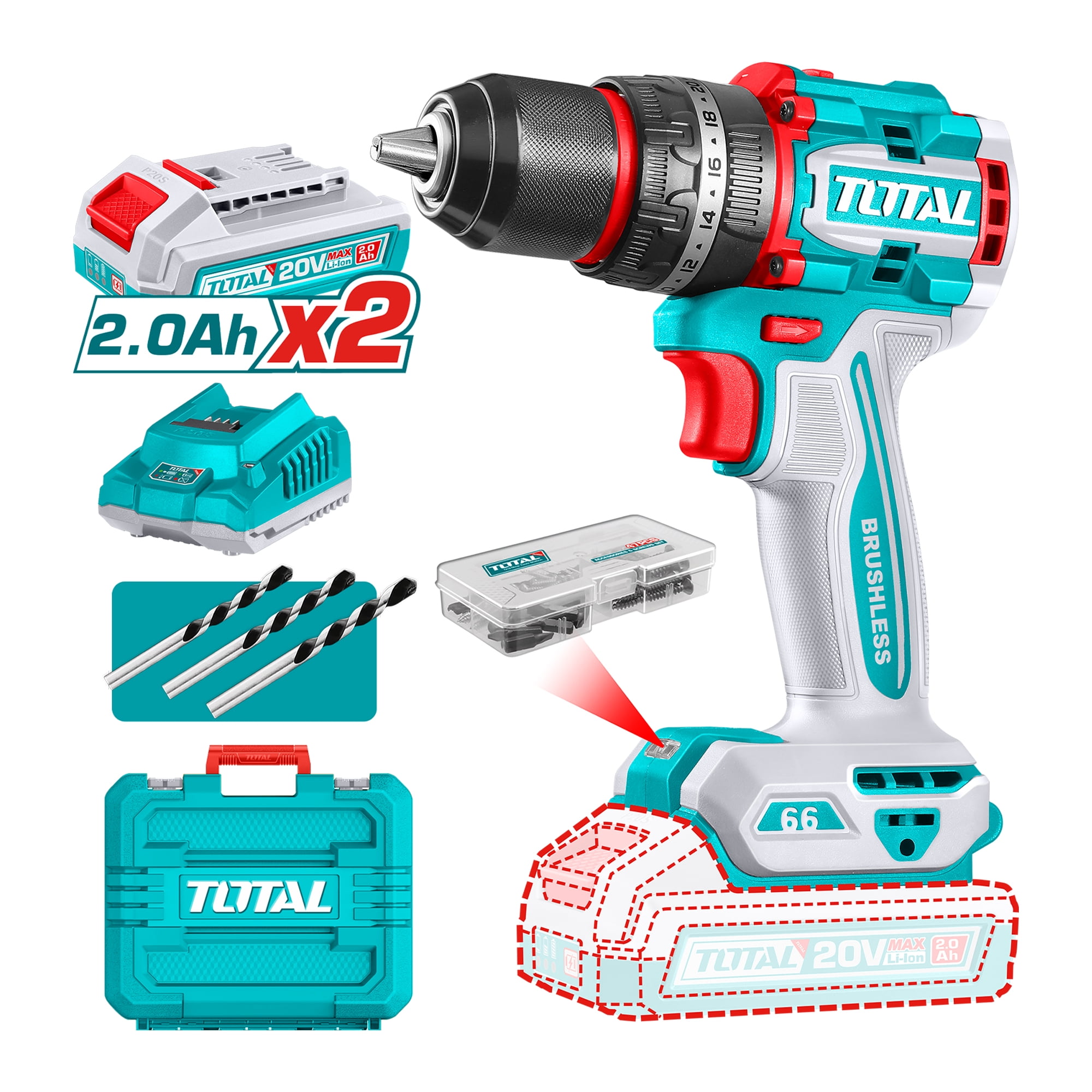 Taladro De Impacto Inalámbrico 13mm 20v 66nm Total