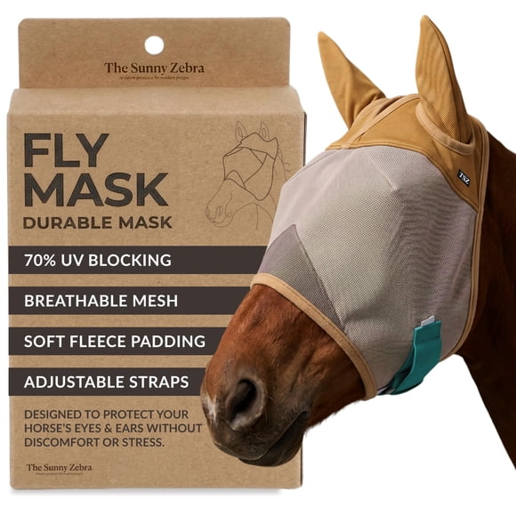 Máscara antimoscas para caballo The Sunny Zebra con bloqueo UV del 70% y cubreorejas