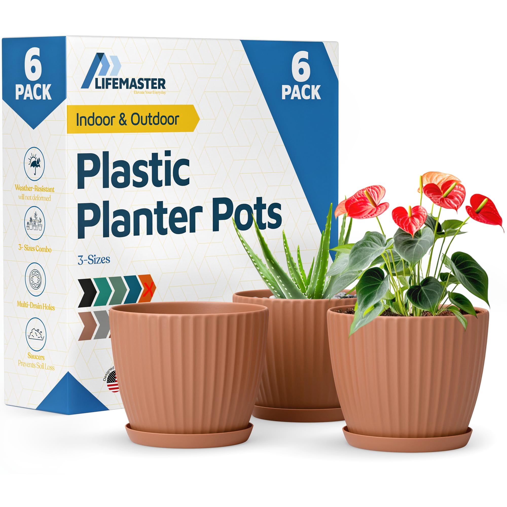 Macetas De Plástico Con Drenaje Lifemaster De 6" - Paquete De 6