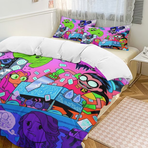 x573 Teen Titans Go 3-Piece Bedding Set Warm And Comfortable Soft Duvet Cover Bed Set with 1 Duvet Cover And 2 Pillowcases for Bedroom b573