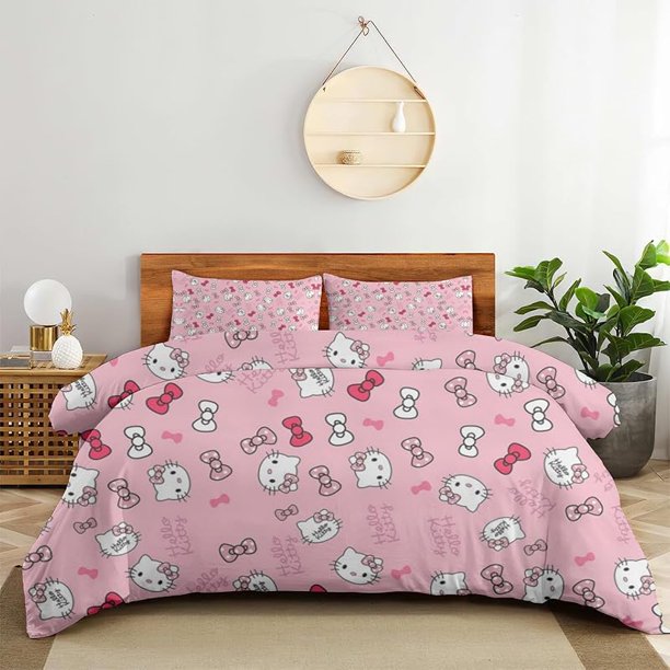 Cartoon Kitten 3-Piece Bed Set Warm and Comfortable Kawaii Bedding Set Cute Soft Microfiber Bedclothes for Boys Girls Kids