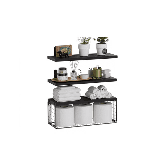 Repisas Flotantes de Madera Modernas X3 con Reja 100% Pino Negro