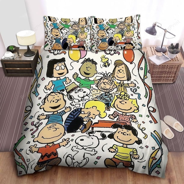 Peanuts Characters Dancing and Celebrating Doona Duvet Cover Set Kid Bedding Set3-Piece Bedding Set