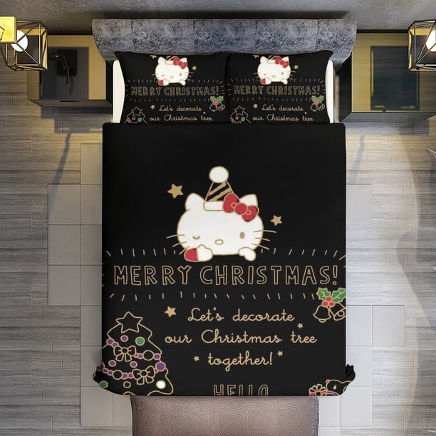 Merry Christmas Hello Kitty1 3 Pieces Duvet Cover Set Full Size Super Soft Fade Resistant Microfiber