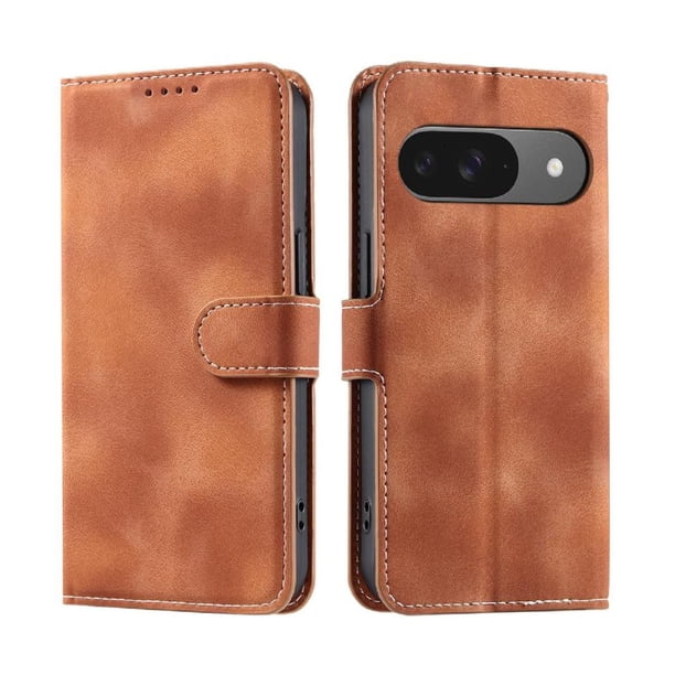 Funda Cartera para Google Pixel 9 Tapa con Ranuras, Soporte y Correa Marrón