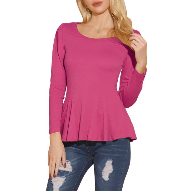 INSPIRE CHIC Blusa de Mujer de Manga Larga con Cuello Redondo, Hombros Acolchados y Dobladillo con Volantes Plisados M Magenta