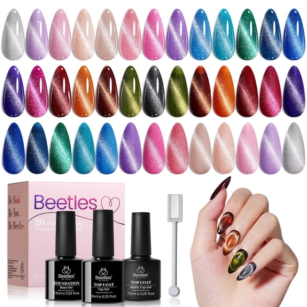 Set de esmaltes de uñas Beetles en gel para ojos de gato, 20 colores, con base y capa superior