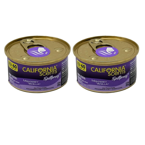 California Scents Ambientadores Orgánicos Antiderrames, Lata de 1.5 Onzas, (Paquete de 2, Vainilla Monterey)