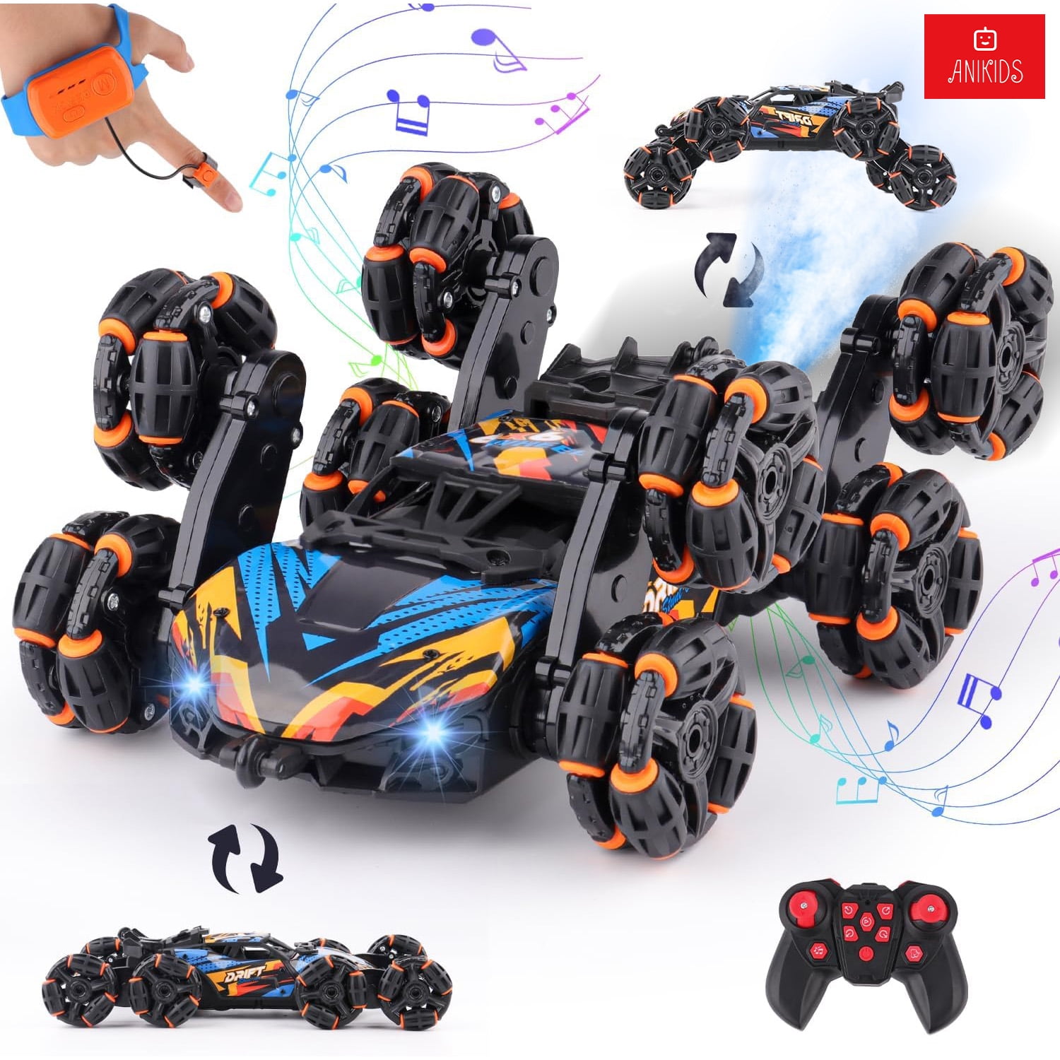 Anikids - Auto De Truco Control Remoto Dual Con 8 Ruedas Transformable Negro
