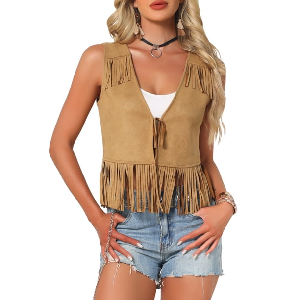 INSPIRE CHIC Chalecos con Flecos para Mujer Estilo Vaquera Sin Mangas Top Chaleco de Flecos de Imitación de Ante Talla S Marrón Claro