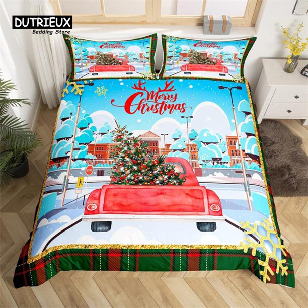 x2104 Bed SheetsChristmas Tree Santa Claus Duvet Cover Twin Kids Christmas Bedding Set Polyester Botanical Racing Car Comforter Cover 3-Piece Bedding Set (1 Duvet Cover + 2 Pillow Shams) nj2104