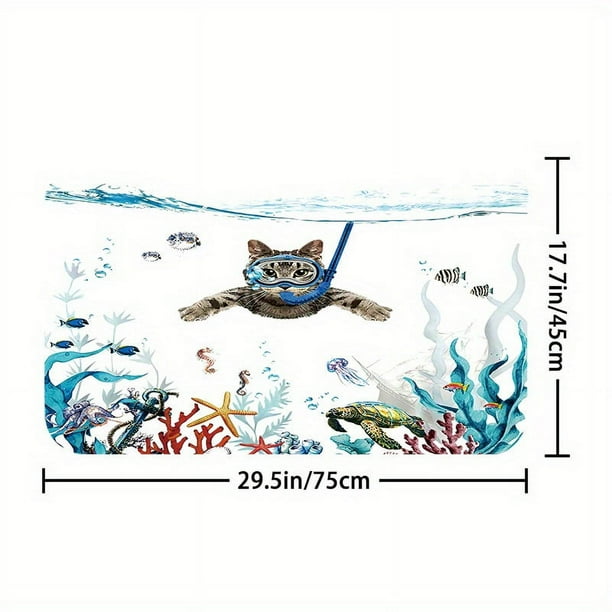 1pc Cute Diving Cat Pattern Waterproof Shower Curtain with Non-Slip Mat and Toilet Cover - U Shaped Toilet Mat and Bathroom Accessories for Home Decor