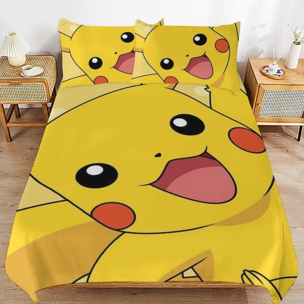 Pi-ka-chu Bed Duvet Cover Microfiber Bedding Sets 3D Printed Lightweight 3 Piece Comforter Sets for Kids Boys Girls
