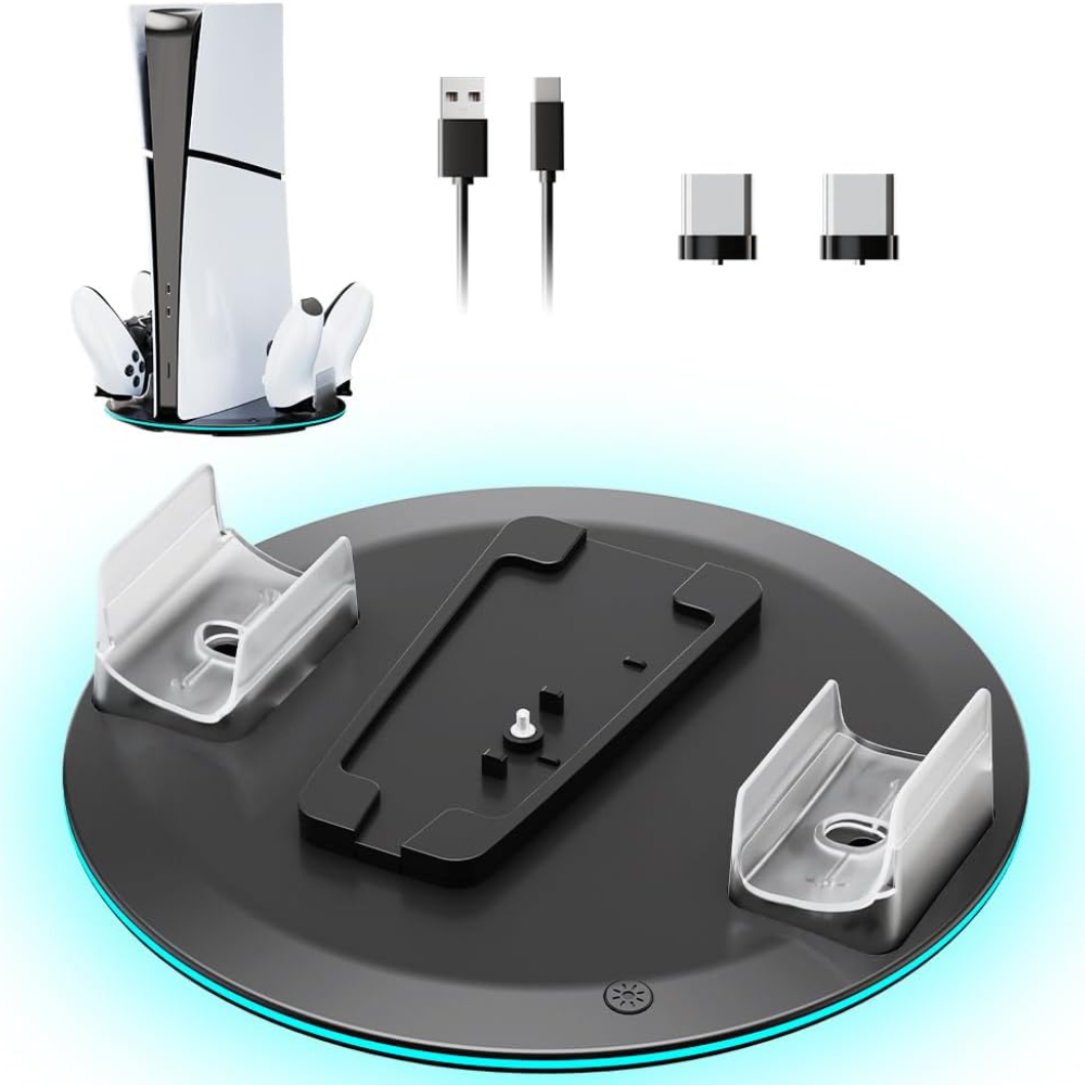 Genérico - Soporte Vertical Para Consolas Ps5/Ps5 Slim/Ps5 Pro Con Estación De Carga Para Dos Mandos, 7 Luces Rgb, Negro-Negro