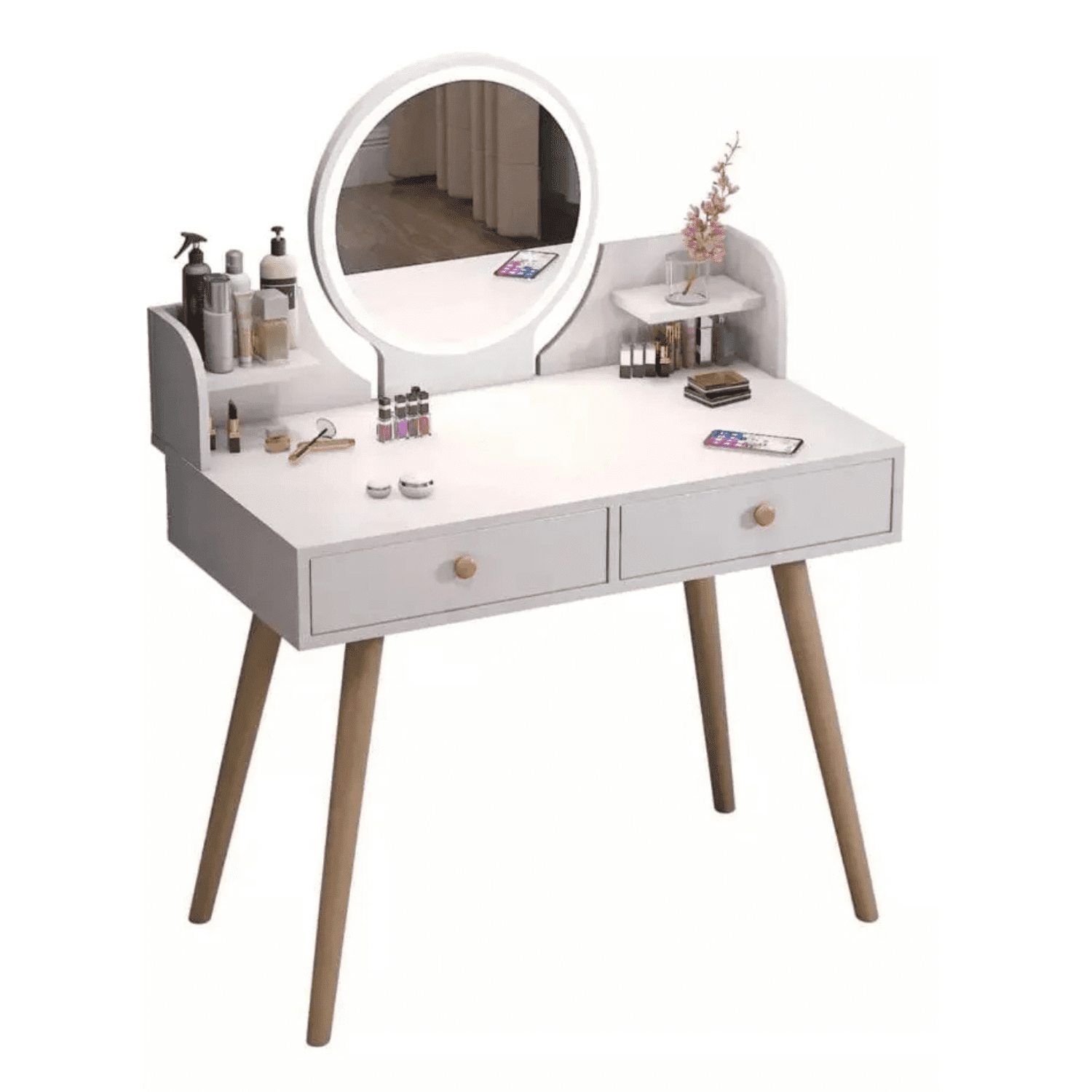 Genérico - Tocador Madera Con Espejo 60*40*73cm Con Luz Led Sin Silla Blanco