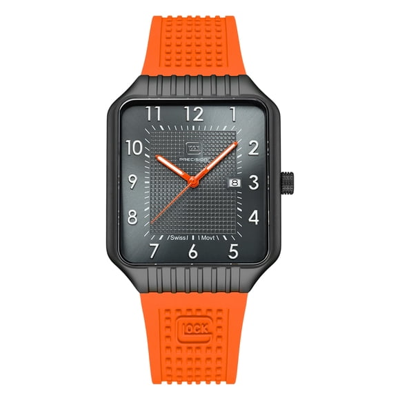 Reloj Glock Precision para hombre con caja de acero negra y correa naranja