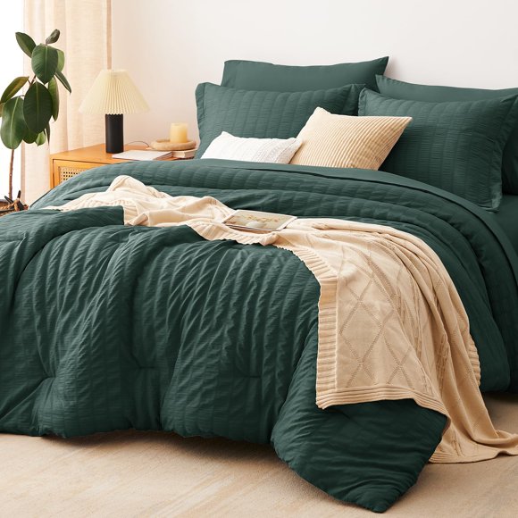 CozyLux Juego de Cama Queen, 7 Piezas Verde Bosque con Textura Seersucker (Bed in a Bag)