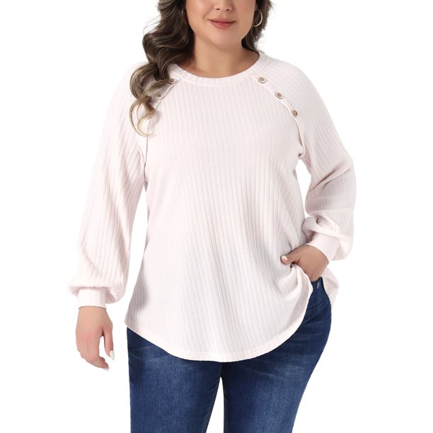 Agnes Orinda Conjuntos de Halloween para Mujeres Tallas Grandes Tops de Punto Acanalado Cuello Redondo Manga Larga Blusas Informales con Decoración de Botones 3X Rosa Claro