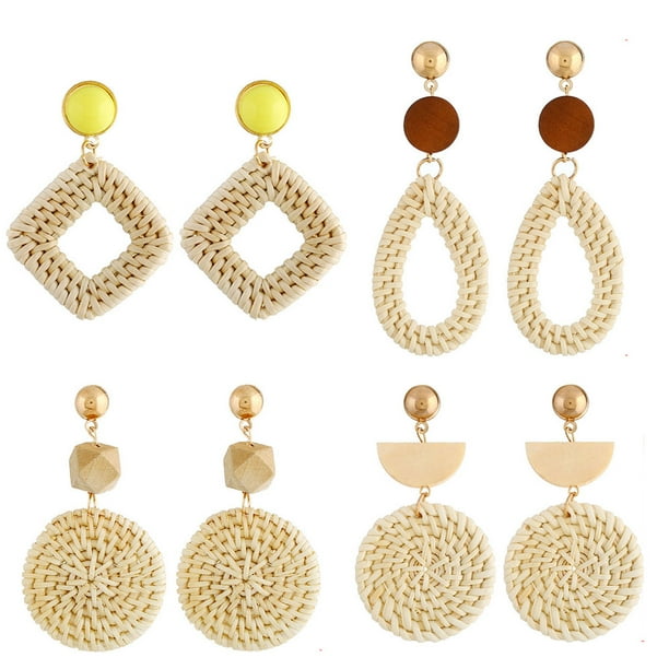 4 pares de pendientes de ratán con borlas tejidas, aros trenzados y colgantes para mujeres y niñas.