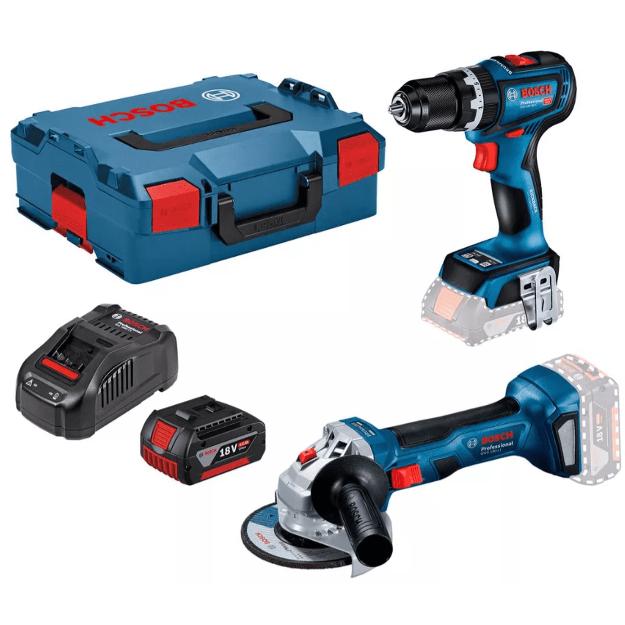 Pack Bosch 18v Inalámbrico Taladro Gsb90c + Esmeril Gws180li