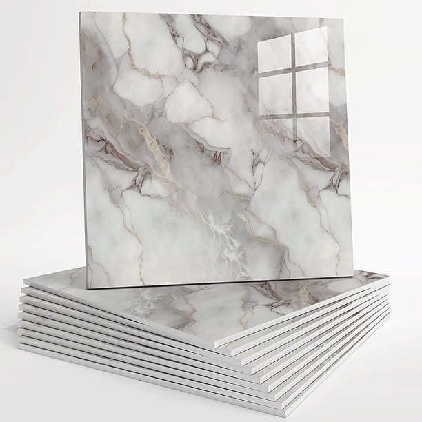 10 piezas de azulejos autoadhesivos impermeables para ducha, paneles de pared de mármol, 11.8"x11.8", azulejos para salpicadero, paneles de PVC para baño, cocina y sala, blanco (5)