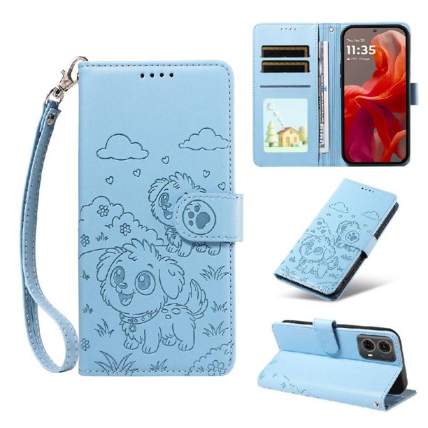 Funda Cartera para Motorola Moto G96 Perro Cachorro Grabado con Tarjetas Soporte Correa Azul