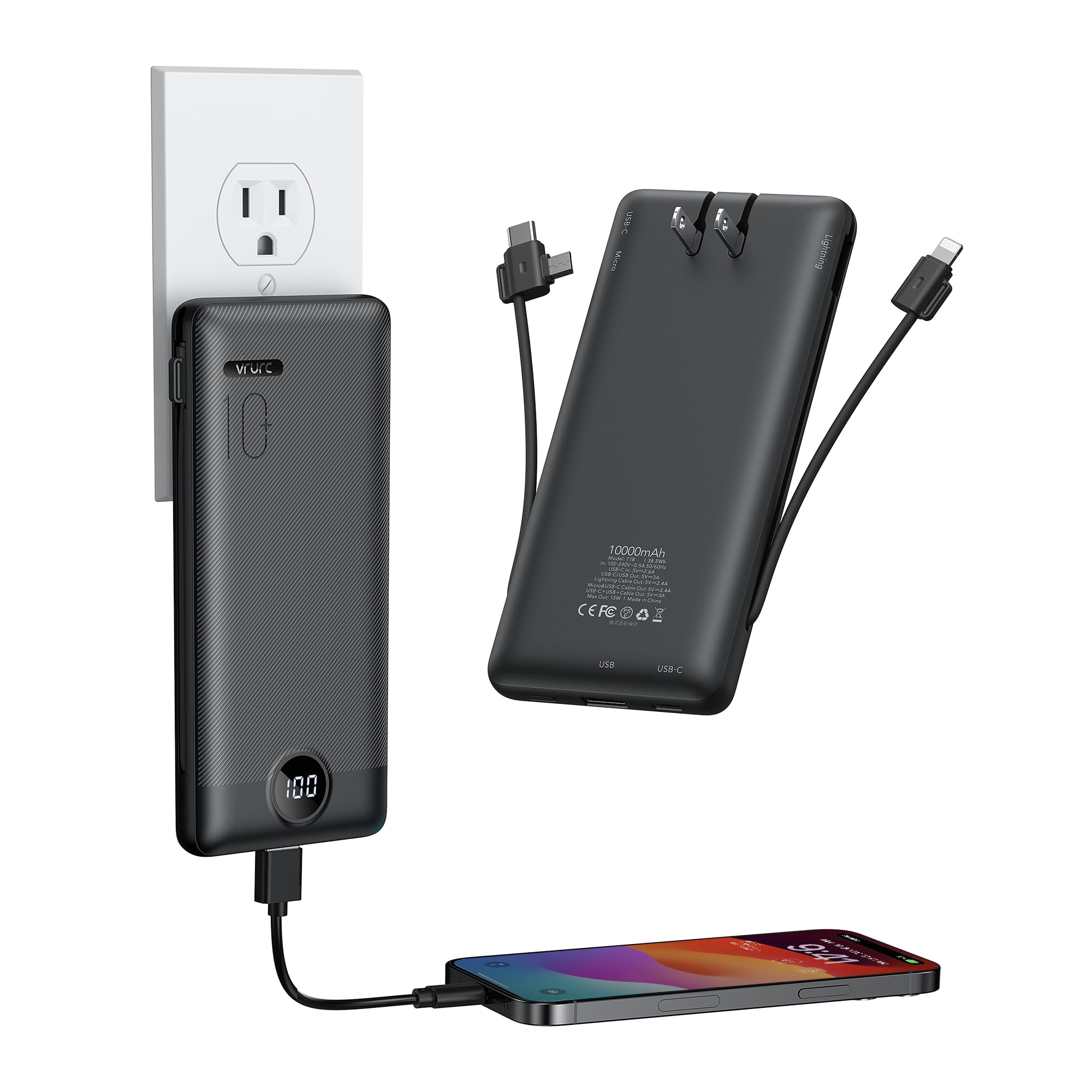 Cargador Portátil Vrurc De 10000 Mah Con Enchufe De Pared, Carga Rápida De 20 W