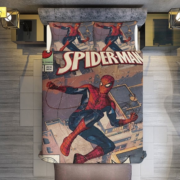 Comics Friendly Neighborhood Spider-Man 3 Piece Sets Full/Queen Size - Reversible Microfiber Quilts with 2 Shams Soft Lightweight Bedspread Coverlet Comforter for All Season Bed Sheets